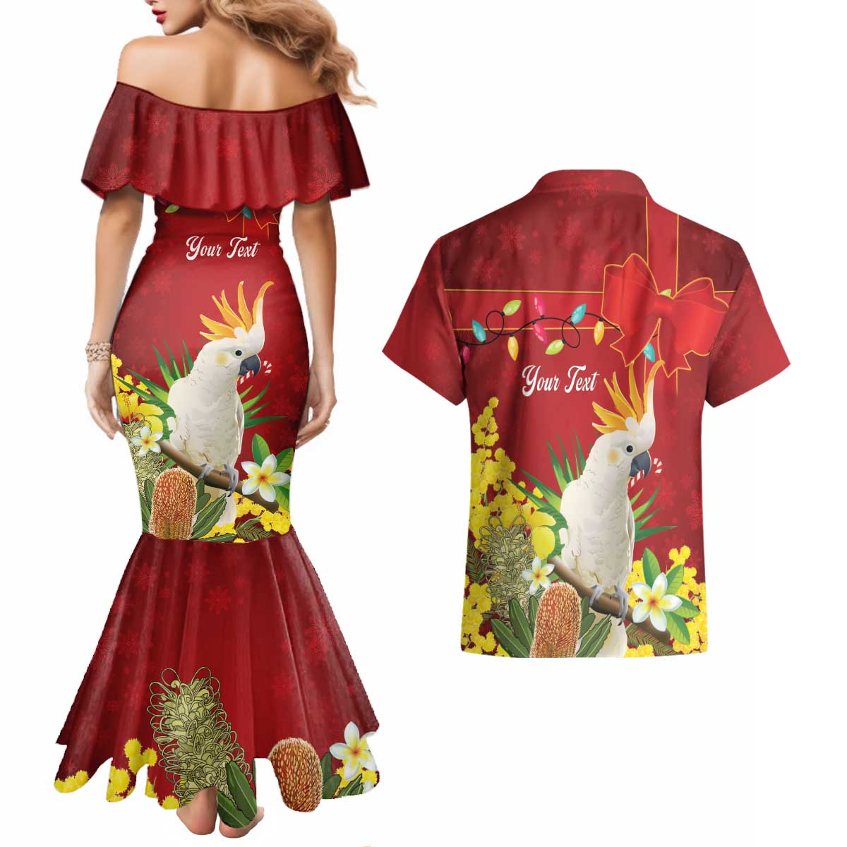 Personalised Australia Sulphur-crested Cockatoo Christmas Couples Matching Mermaid Dress and Hawaiian Shirt Aussie Native Flowers Merry Xmas - Aussie Hoodie