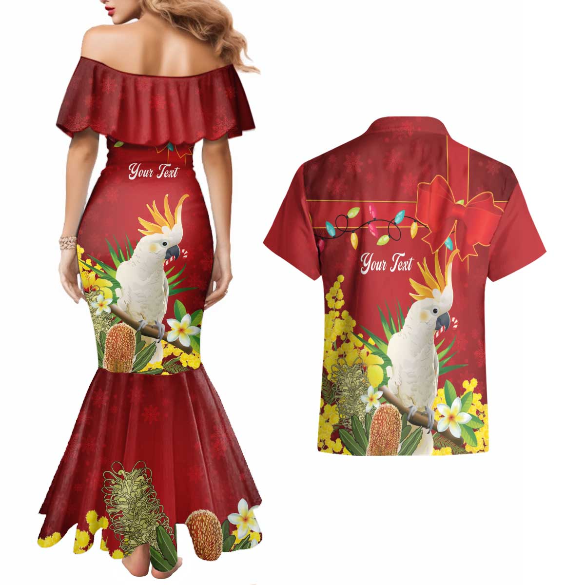 Personalised Australia Sulphur-crested Cockatoo Christmas Couples Matching Mermaid Dress and Hawaiian Shirt Aussie Native Flowers Merry Xmas - Aussie Hoodie