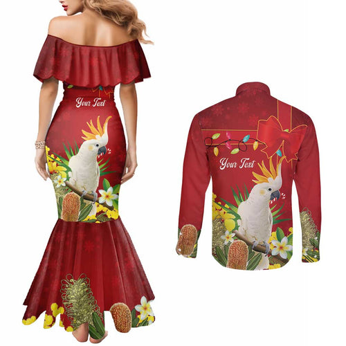 Personalised Australia Sulphur-crested Cockatoo Christmas Couples Matching Mermaid Dress and Long Sleeve Button Shirt Aussie Native Flowers Merry Xmas - Aussie Hoodie