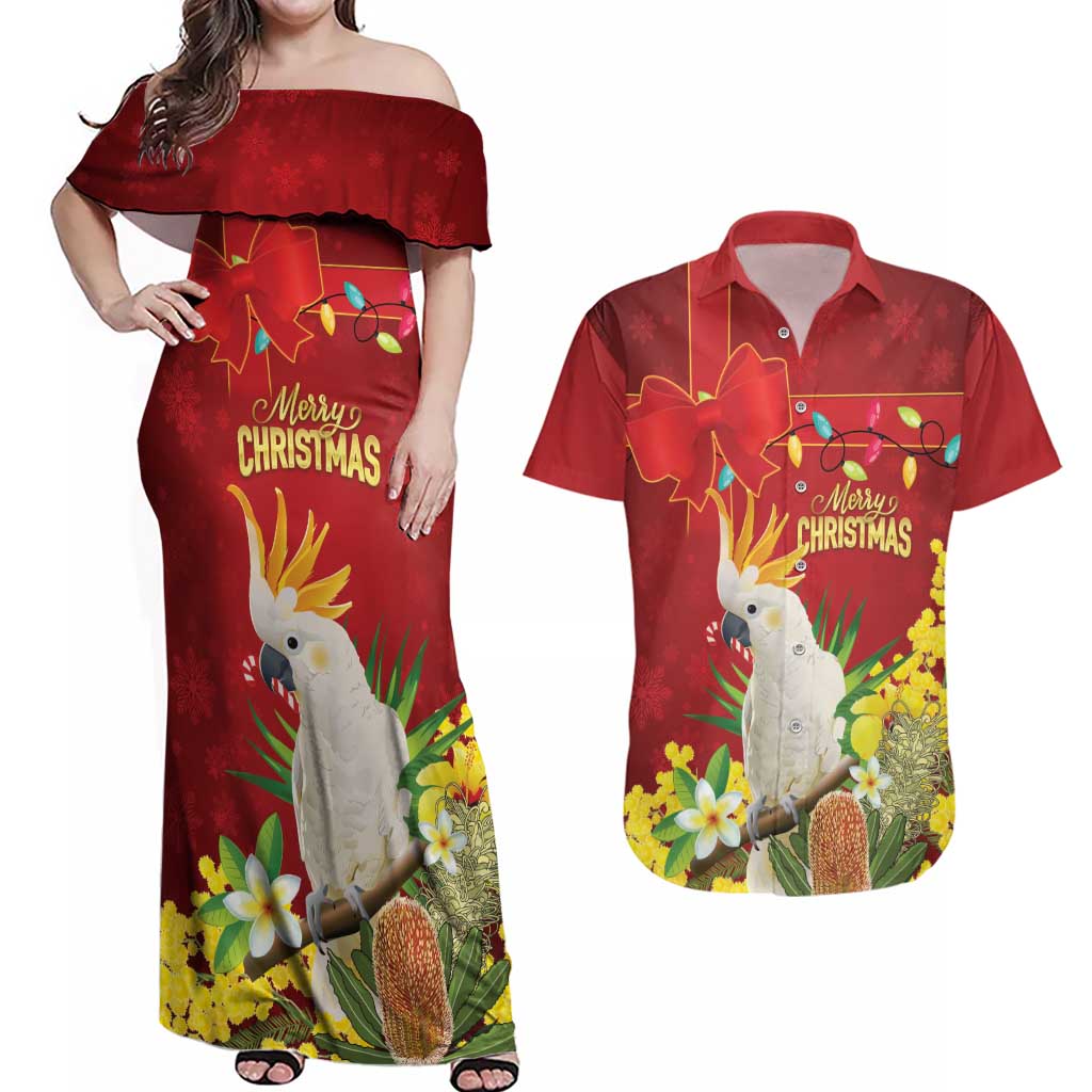 Personalised Australia Sulphur-crested Cockatoo Christmas Couples Matching Off Shoulder Maxi Dress and Hawaiian Shirt Aussie Native Flowers Merry Xmas - Aussie Hoodie
