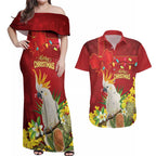 Personalised Australia Sulphur-crested Cockatoo Christmas Couples Matching Off Shoulder Maxi Dress and Hawaiian Shirt Aussie Native Flowers Merry Xmas - Aussie Hoodie