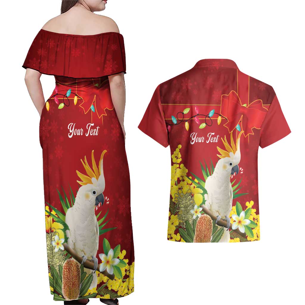 Personalised Australia Sulphur-crested Cockatoo Christmas Couples Matching Off Shoulder Maxi Dress and Hawaiian Shirt Aussie Native Flowers Merry Xmas - Aussie Hoodie