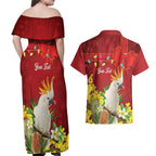 Personalised Australia Sulphur-crested Cockatoo Christmas Couples Matching Off Shoulder Maxi Dress and Hawaiian Shirt Aussie Native Flowers Merry Xmas - Aussie Hoodie
