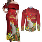 Personalised Australia Sulphur-crested Cockatoo Christmas Couples Matching Off Shoulder Maxi Dress and Long Sleeve Button Shirt Aussie Native Flowers Merry Xmas - Aussie Hoodie