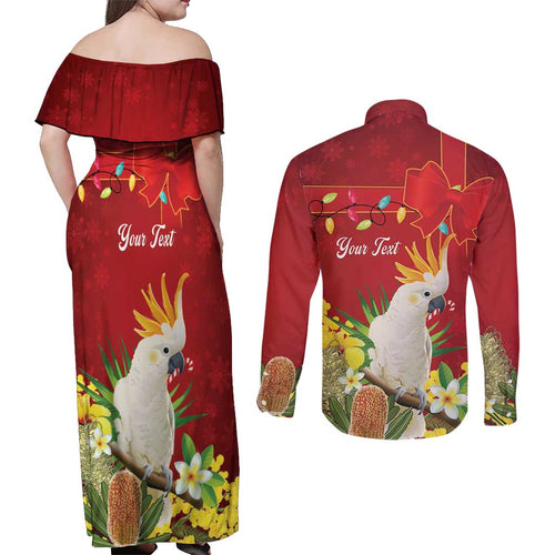 Personalised Australia Sulphur-crested Cockatoo Christmas Couples Matching Off Shoulder Maxi Dress and Long Sleeve Button Shirt Aussie Native Flowers Merry Xmas - Aussie Hoodie