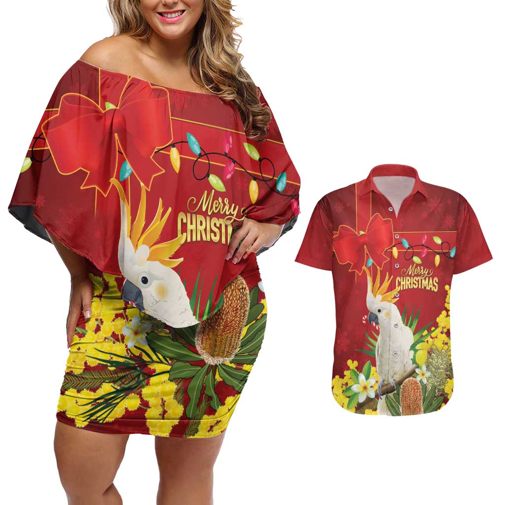Personalised Australia Sulphur-crested Cockatoo Christmas Couples Matching Off Shoulder Short Dress and Hawaiian Shirt Aussie Native Flowers Merry Xmas - Aussie Hoodie