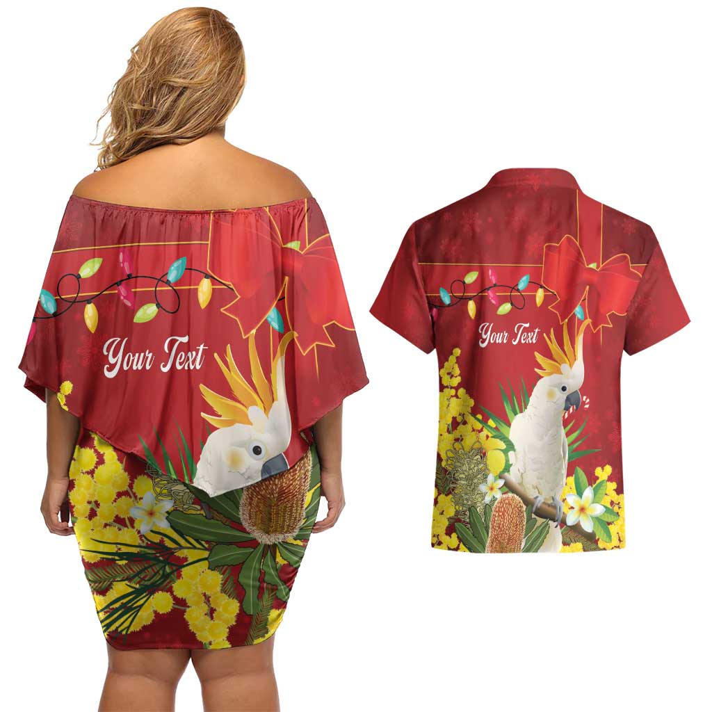 Personalised Australia Sulphur-crested Cockatoo Christmas Couples Matching Off Shoulder Short Dress and Hawaiian Shirt Aussie Native Flowers Merry Xmas - Aussie Hoodie