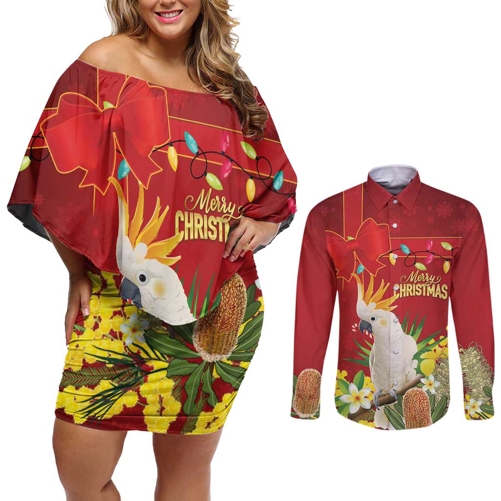 Personalised Australia Sulphur-crested Cockatoo Christmas Couples Matching Off Shoulder Short Dress and Long Sleeve Button Shirt Aussie Native Flowers Merry Xmas - Aussie Hoodie