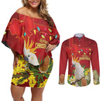 Personalised Australia Sulphur-crested Cockatoo Christmas Couples Matching Off Shoulder Short Dress and Long Sleeve Button Shirt Aussie Native Flowers Merry Xmas - Aussie Hoodie