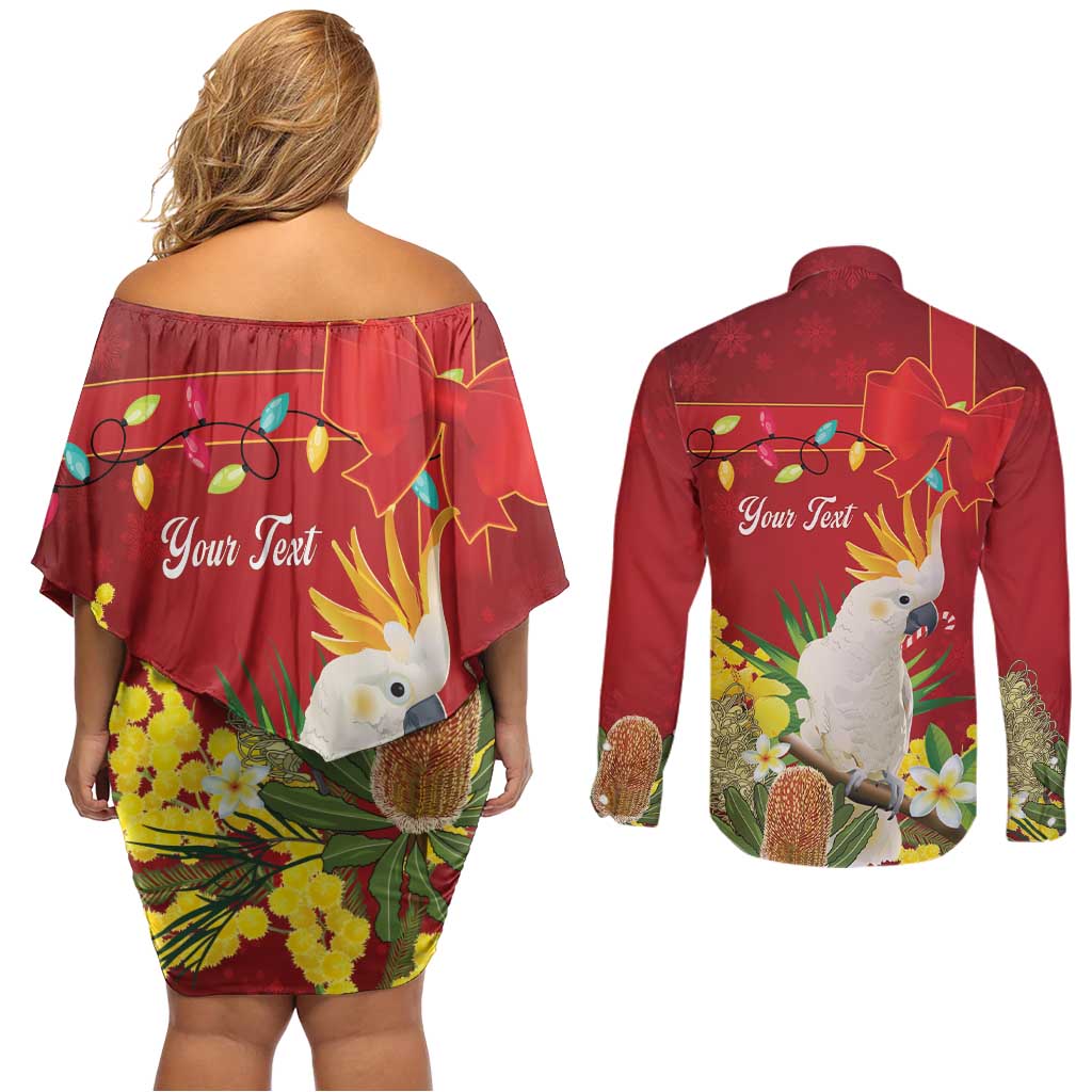 Personalised Australia Sulphur-crested Cockatoo Christmas Couples Matching Off Shoulder Short Dress and Long Sleeve Button Shirt Aussie Native Flowers Merry Xmas - Aussie Hoodie
