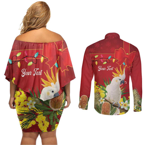 Personalised Australia Sulphur-crested Cockatoo Christmas Couples Matching Off Shoulder Short Dress and Long Sleeve Button Shirt Aussie Native Flowers Merry Xmas - Aussie Hoodie