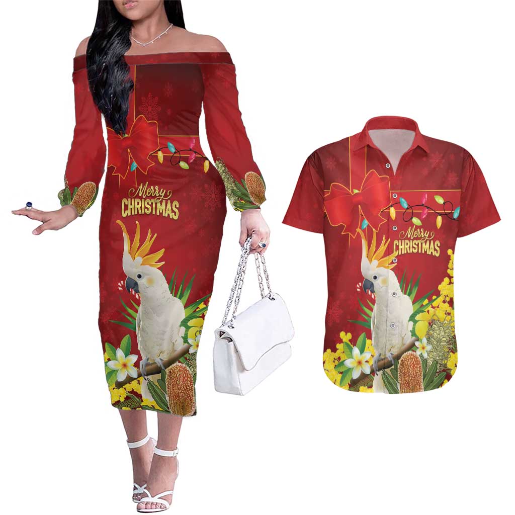 Personalised Australia Sulphur-crested Cockatoo Christmas Couples Matching Off The Shoulder Long Sleeve Dress and Hawaiian Shirt Aussie Native Flowers Merry Xmas - Aussie Hoodie