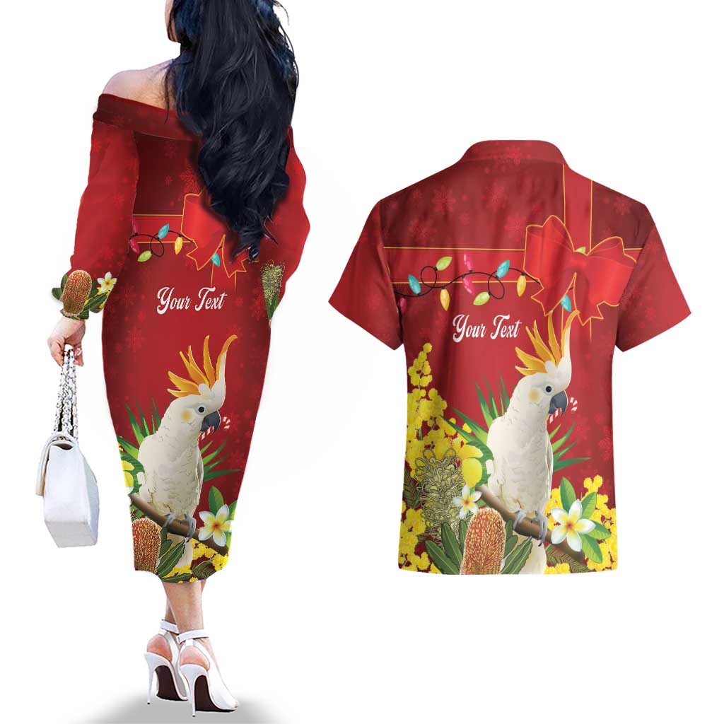 Personalised Australia Sulphur-crested Cockatoo Christmas Couples Matching Off The Shoulder Long Sleeve Dress and Hawaiian Shirt Aussie Native Flowers Merry Xmas - Aussie Hoodie