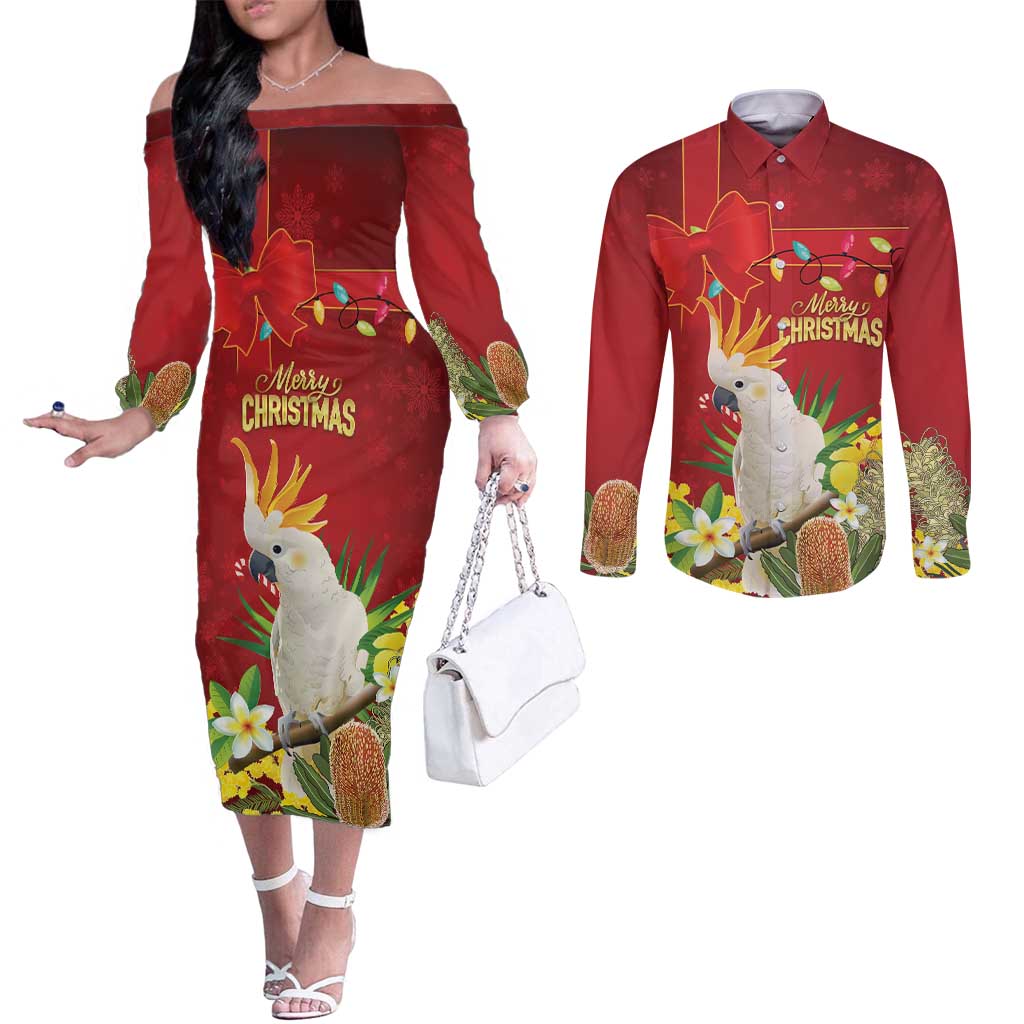 Personalised Australia Sulphur-crested Cockatoo Christmas Couples Matching Off The Shoulder Long Sleeve Dress and Long Sleeve Button Shirt Aussie Native Flowers Merry Xmas - Aussie Hoodie