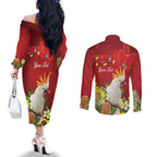 Personalised Australia Sulphur-crested Cockatoo Christmas Couples Matching Off The Shoulder Long Sleeve Dress and Long Sleeve Button Shirt Aussie Native Flowers Merry Xmas - Aussie Hoodie
