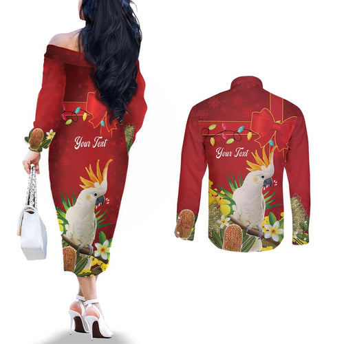 Personalised Australia Sulphur-crested Cockatoo Christmas Couples Matching Off The Shoulder Long Sleeve Dress and Long Sleeve Button Shirt Aussie Native Flowers Merry Xmas - Aussie Hoodie