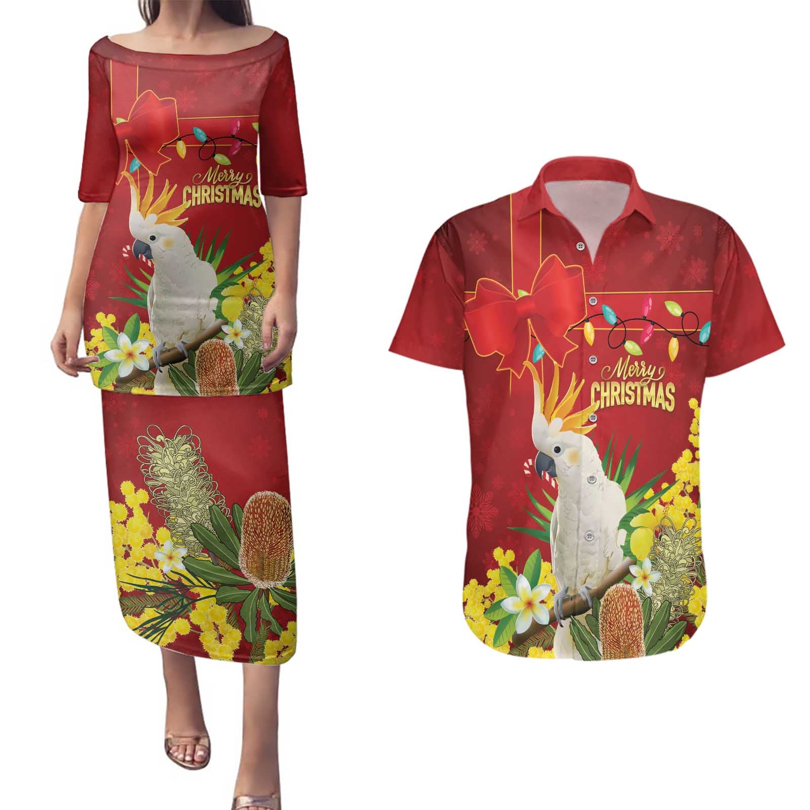 Personalised Australia Sulphur-crested Cockatoo Christmas Couples Matching Puletasi and Hawaiian Shirt Aussie Native Flowers Merry Xmas - Aussie Hoodie