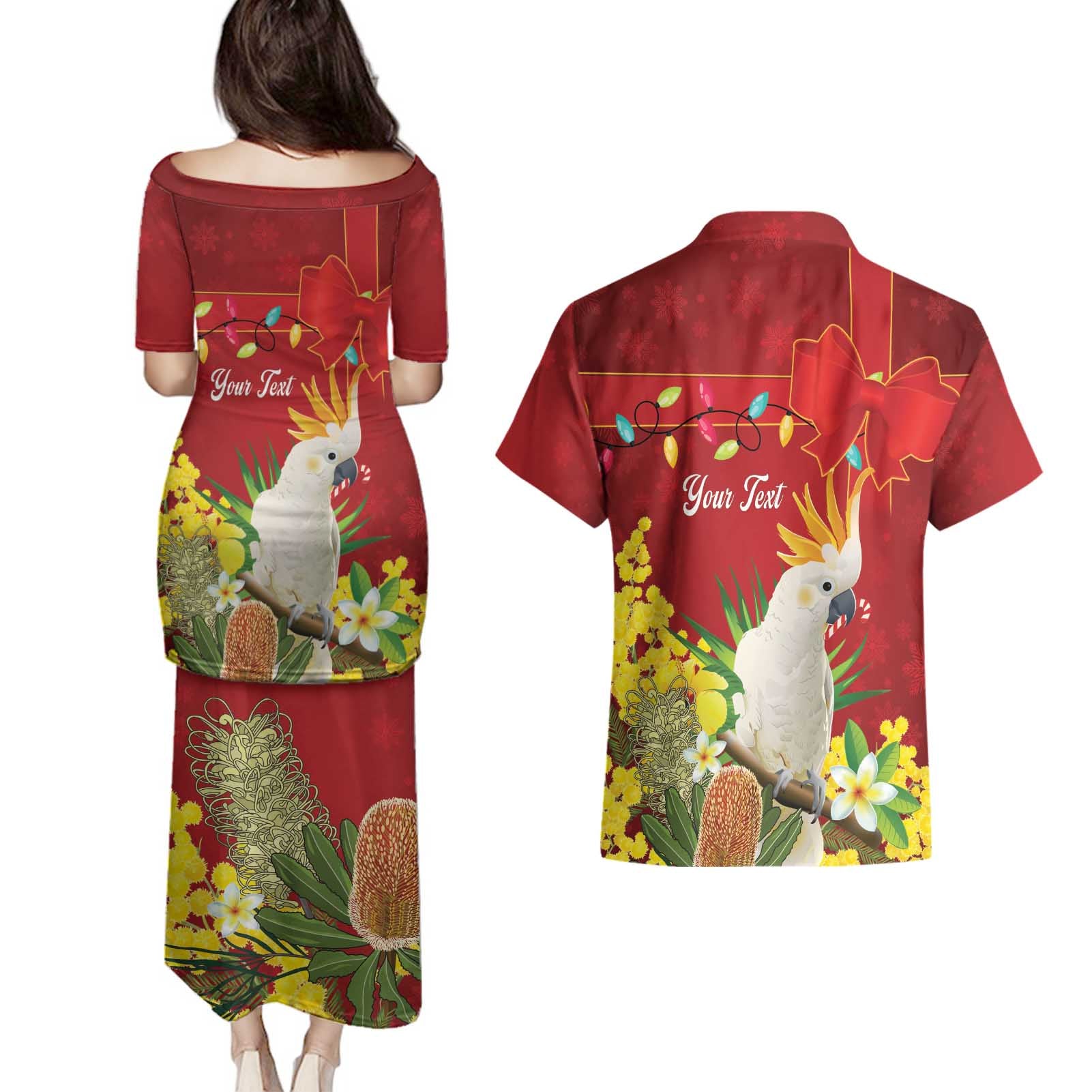 Personalised Australia Sulphur-crested Cockatoo Christmas Couples Matching Puletasi and Hawaiian Shirt Aussie Native Flowers Merry Xmas - Aussie Hoodie