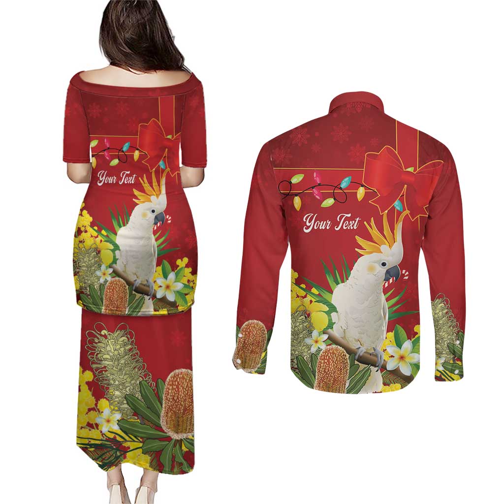 Personalised Australia Sulphur-crested Cockatoo Christmas Couples Matching Puletasi and Long Sleeve Button Shirt Aussie Native Flowers Merry Xmas - Aussie Hoodie
