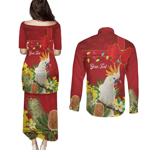 Personalised Australia Sulphur-crested Cockatoo Christmas Couples Matching Puletasi and Long Sleeve Button Shirt Aussie Native Flowers Merry Xmas - Aussie Hoodie