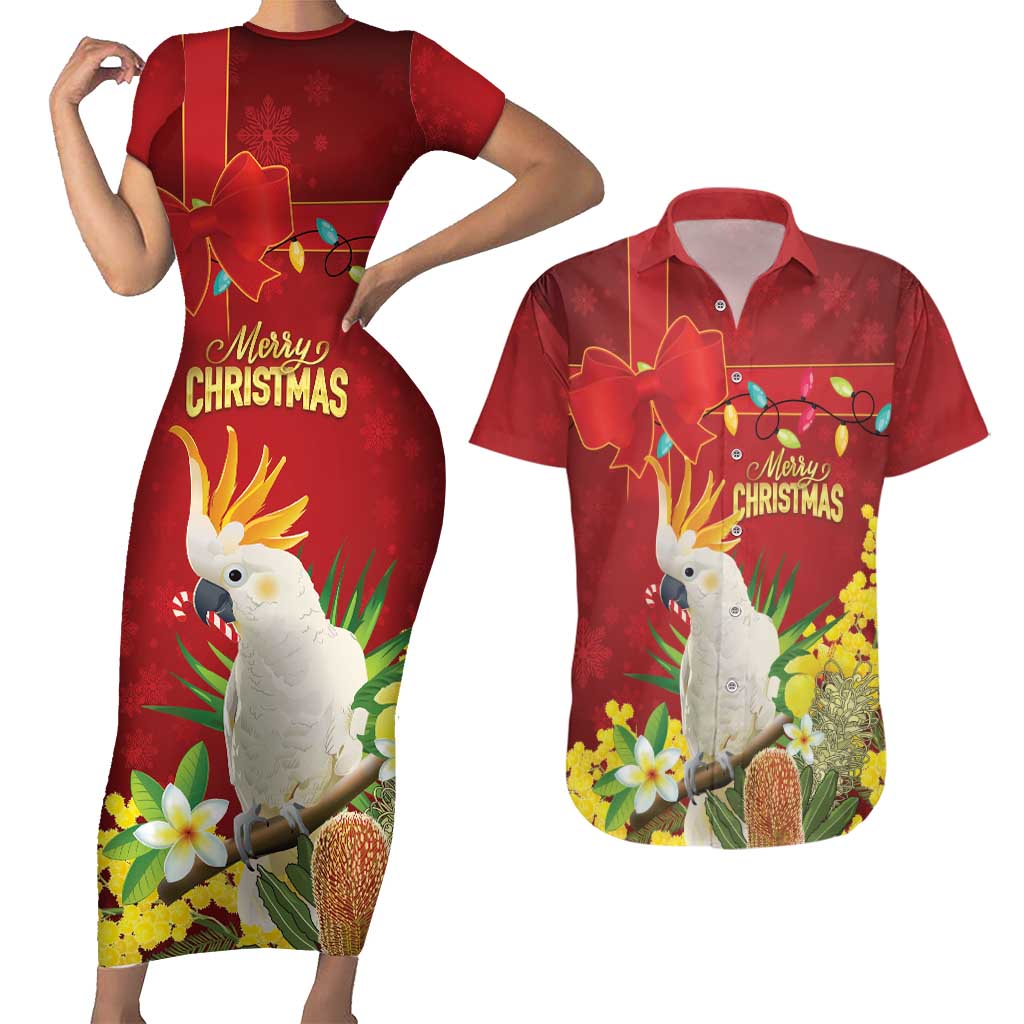 Personalised Australia Sulphur-crested Cockatoo Christmas Couples Matching Short Sleeve Bodycon Dress and Hawaiian Shirt Aussie Native Flowers Merry Xmas - Aussie Hoodie