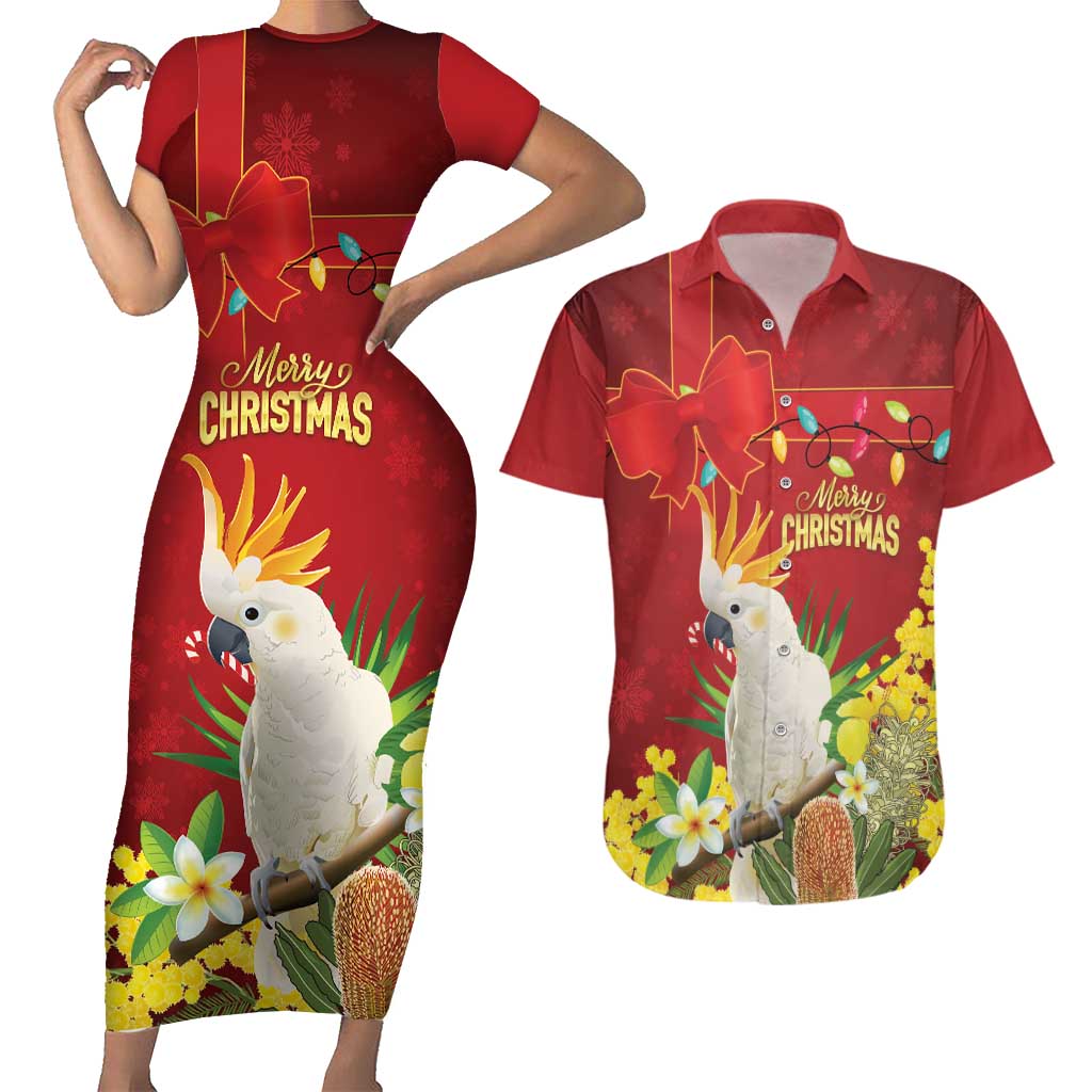 Personalised Australia Sulphur-crested Cockatoo Christmas Couples Matching Short Sleeve Bodycon Dress and Hawaiian Shirt Aussie Native Flowers Merry Xmas - Aussie Hoodie