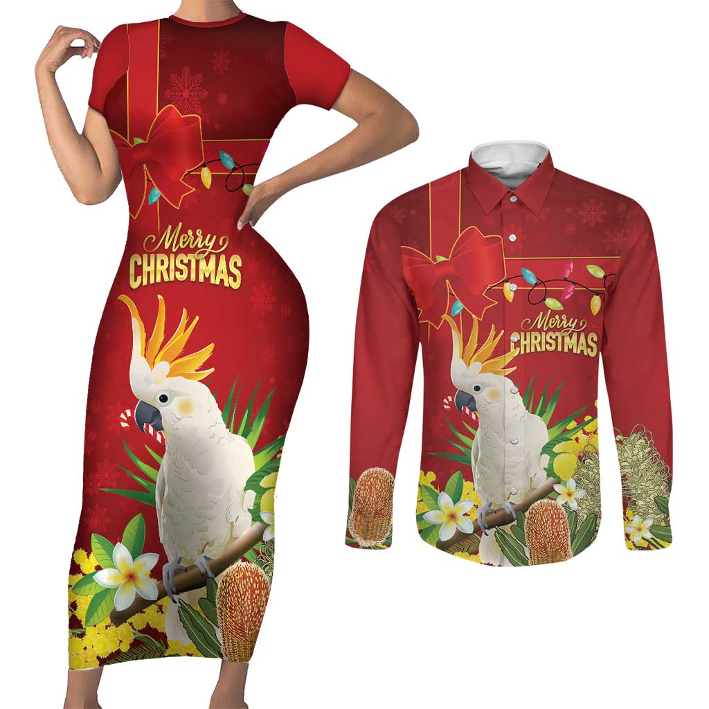 Personalised Australia Sulphur-crested Cockatoo Christmas Couples Matching Short Sleeve Bodycon Dress and Long Sleeve Button Shirt Aussie Native Flowers Merry Xmas - Aussie Hoodie
