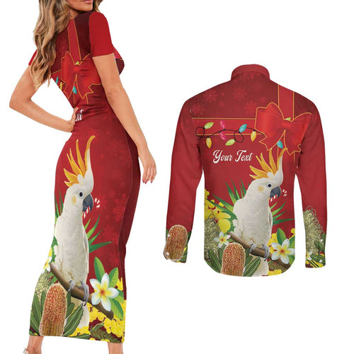 Personalised Australia Sulphur-crested Cockatoo Christmas Couples Matching Short Sleeve Bodycon Dress and Long Sleeve Button Shirt Aussie Native Flowers Merry Xmas - Aussie Hoodie