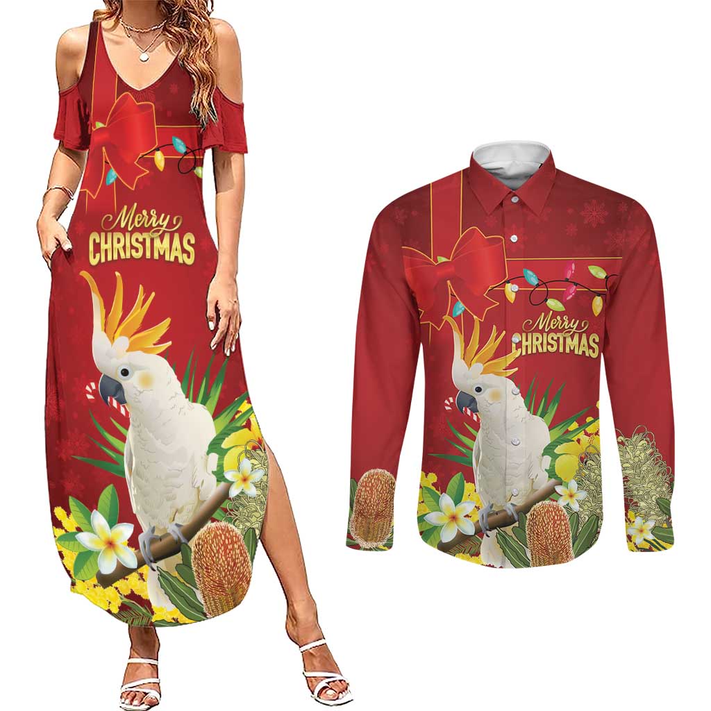 Personalised Australia Sulphur-crested Cockatoo Christmas Couples Matching Summer Maxi Dress and Long Sleeve Button Shirt Aussie Native Flowers Merry Xmas - Aussie Hoodie