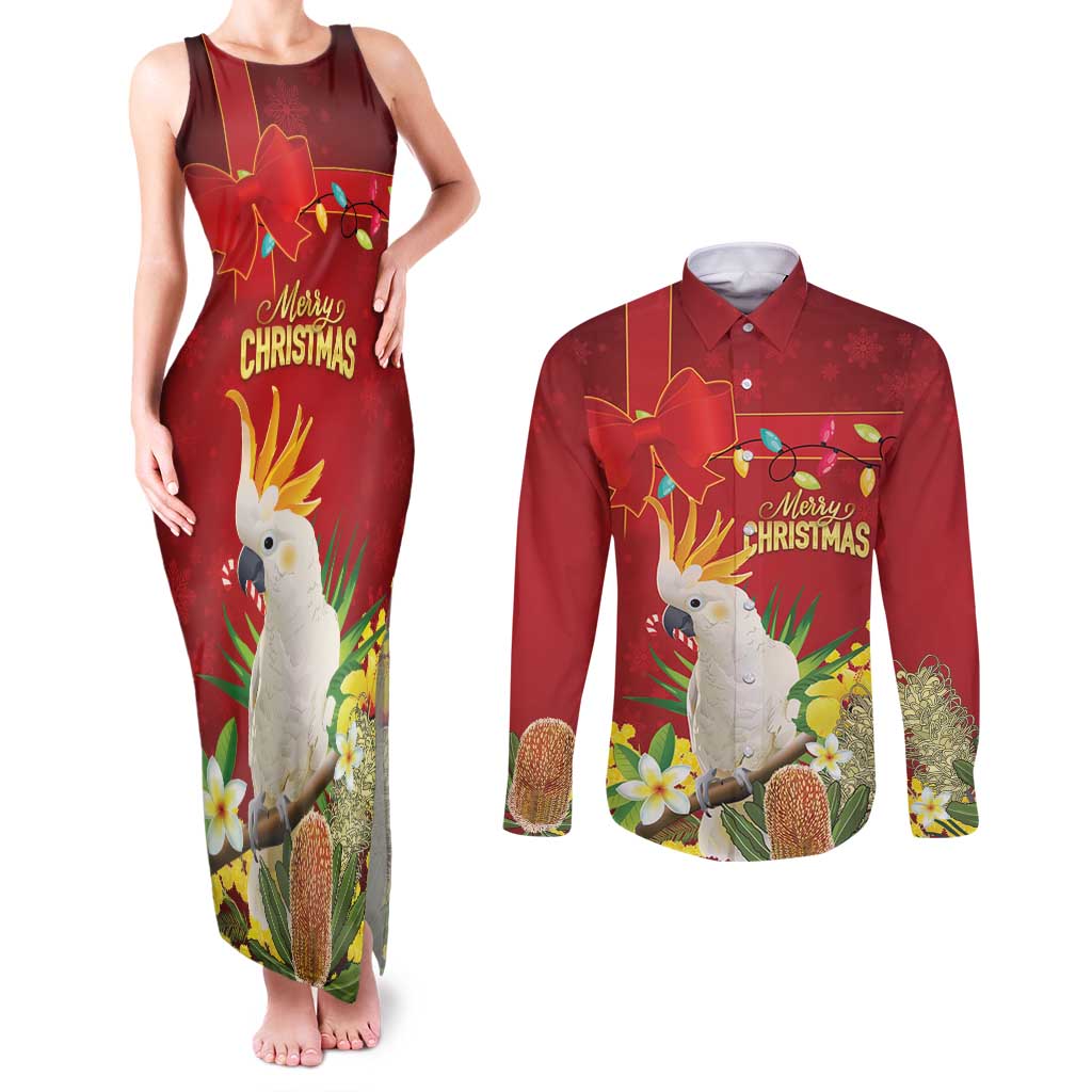 Personalised Australia Sulphur-crested Cockatoo Christmas Couples Matching Tank Maxi Dress and Long Sleeve Button Shirt Aussie Native Flowers Merry Xmas - Aussie Hoodie
