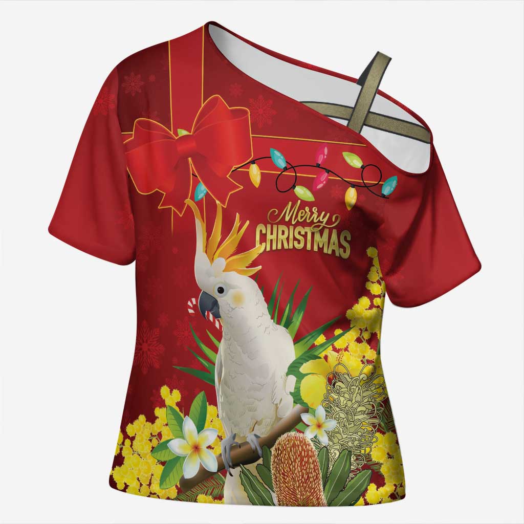 Personalised Australia Sulphur-crested Cockatoo Christmas Cross Shoulder Shirt Aussie Native Flowers Merry Xmas - Aussie Hoodie