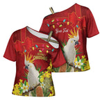 Personalised Australia Sulphur-crested Cockatoo Christmas Cross Shoulder Shirt Aussie Native Flowers Merry Xmas - Aussie Hoodie