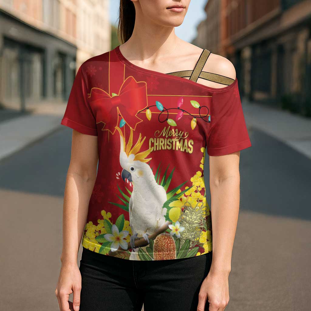 Personalised Australia Sulphur-crested Cockatoo Christmas Cross Shoulder Shirt Aussie Native Flowers Merry Xmas - Aussie Hoodie