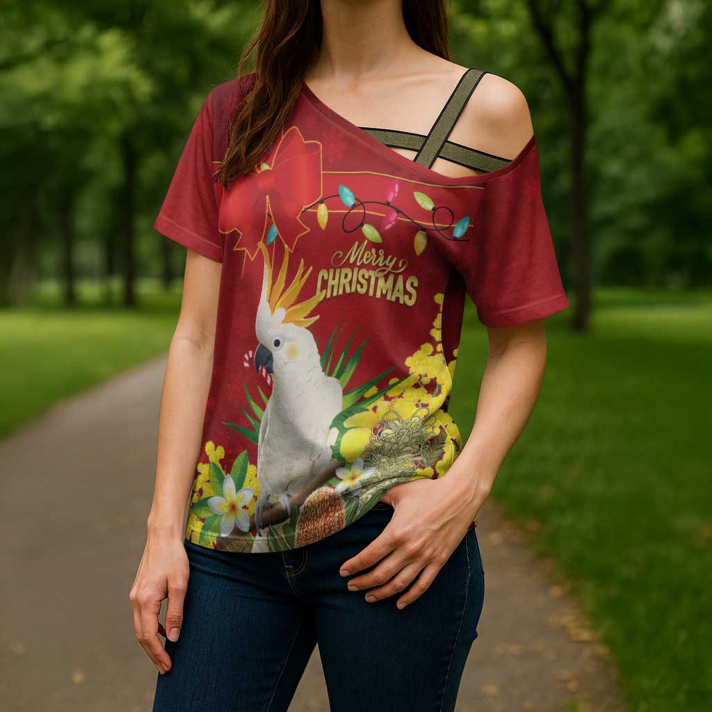 Personalised Australia Sulphur-crested Cockatoo Christmas Cross Shoulder Shirt Aussie Native Flowers Merry Xmas - Aussie Hoodie