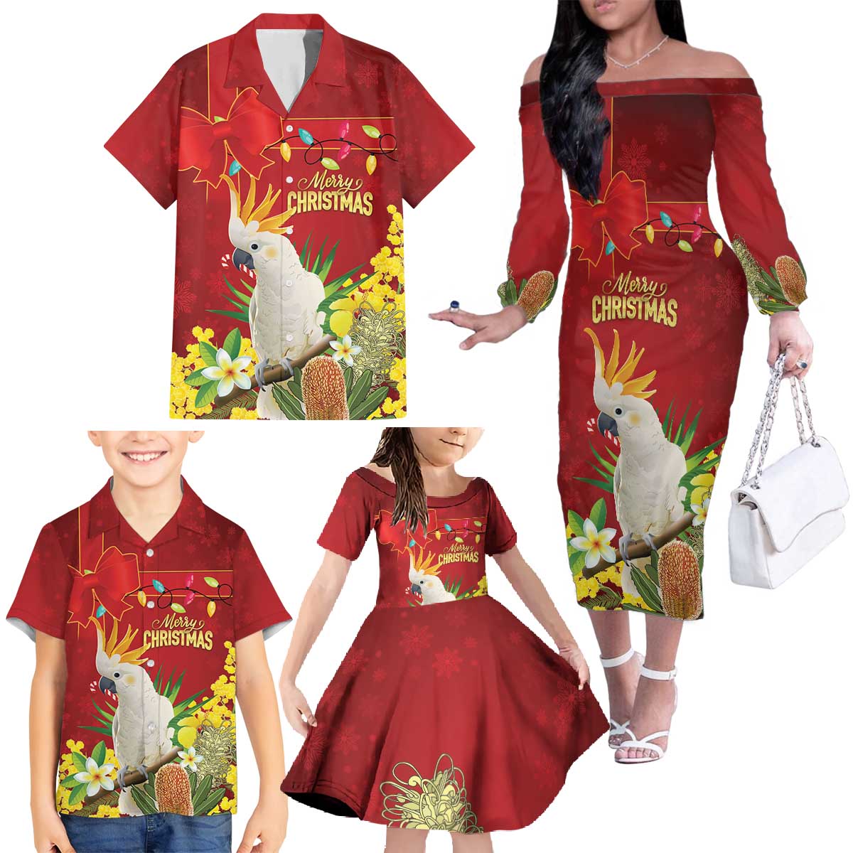 Personalised Australia Sulphur-crested Cockatoo Christmas Family Matching Off The Shoulder Long Sleeve Dress and Hawaiian Shirt Aussie Native Flowers Merry Xmas - Aussie Hoodie