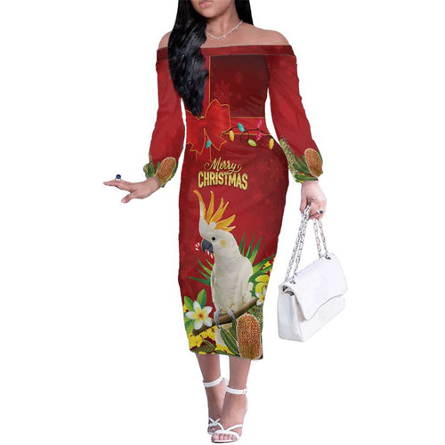 Personalised Australia Sulphur-crested Cockatoo Christmas Family Matching Off The Shoulder Long Sleeve Dress and Hawaiian Shirt Aussie Native Flowers Merry Xmas - Aussie Hoodie