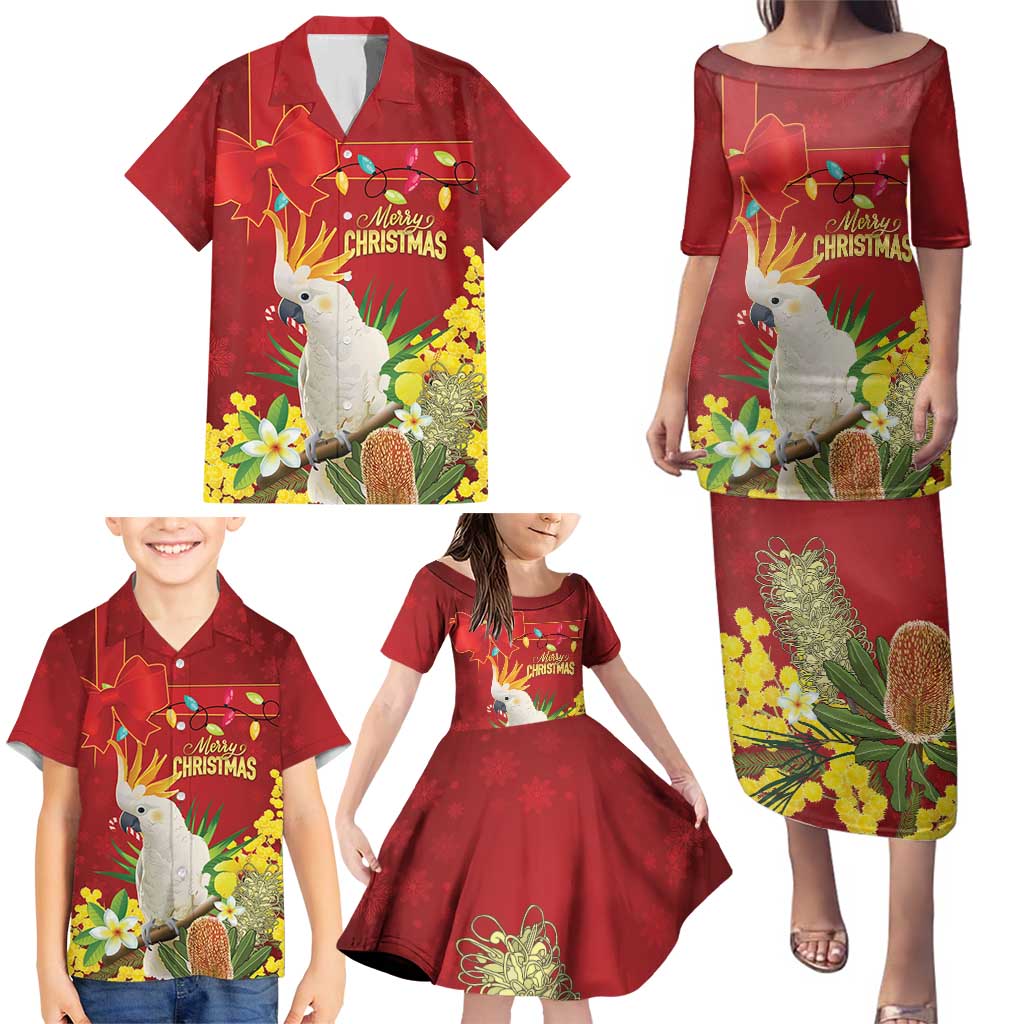 Personalised Australia Sulphur-crested Cockatoo Christmas Family Matching Puletasi and Hawaiian Shirt Aussie Native Flowers Merry Xmas - Aussie Hoodie