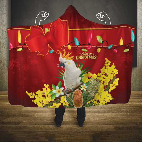 Australia Sulphur-crested Cockatoo Christmas Hooded Blanket Aussie Native Flowers Merry Xmas - Aussie Hoodie