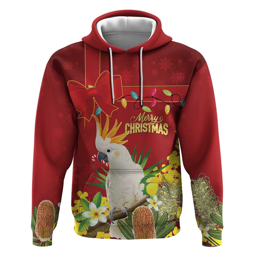 Personalised Australia Sulphur-crested Cockatoo Christmas Hoodie Aussie Native Flowers Merry Xmas - Aussie Hoodie