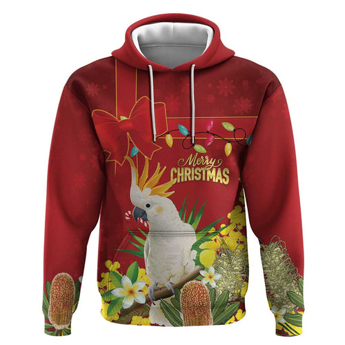 Personalised Australia Sulphur-crested Cockatoo Christmas Hoodie Aussie Native Flowers Merry Xmas - Aussie Hoodie