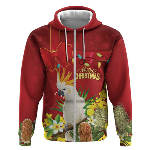 Personalised Australia Sulphur-crested Cockatoo Christmas Hoodie Aussie Native Flowers Merry Xmas - Aussie Hoodie