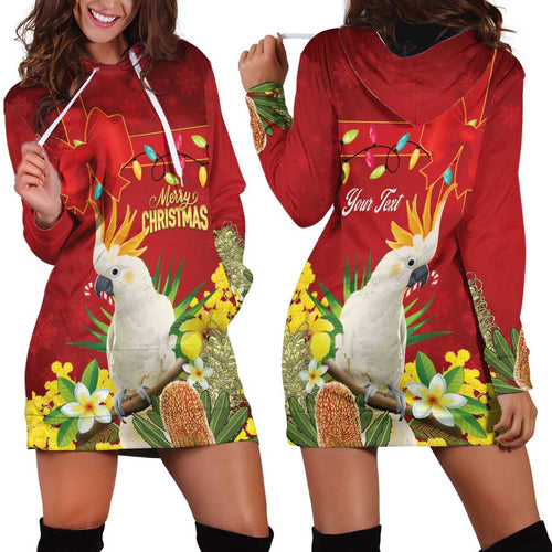 Personalised Australia Sulphur-crested Cockatoo Christmas Hoodie Dress Aussie Native Flowers Merry Xmas - Aussie Hoodie