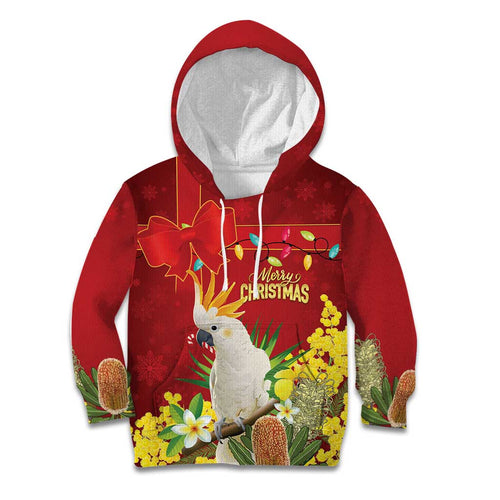 Personalised Australia Sulphur-crested Cockatoo Christmas Kid Hoodie Aussie Native Flowers Merry Xmas - Aussie Hoodie