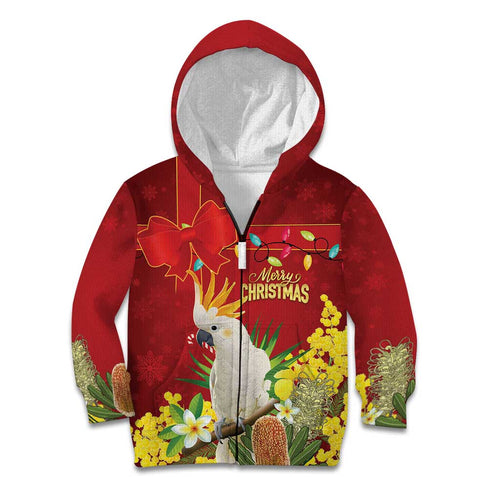 Personalised Australia Sulphur-crested Cockatoo Christmas Kid Hoodie Aussie Native Flowers Merry Xmas - Aussie Hoodie