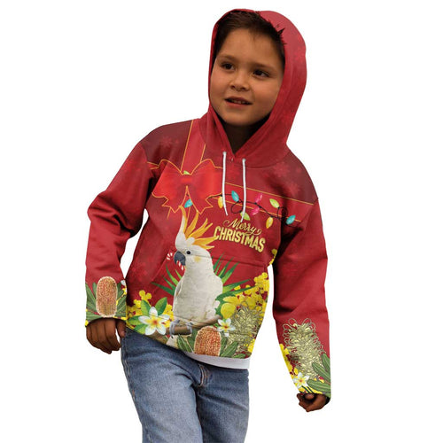 Personalised Australia Sulphur-crested Cockatoo Christmas Kid Hoodie Aussie Native Flowers Merry Xmas - Aussie Hoodie