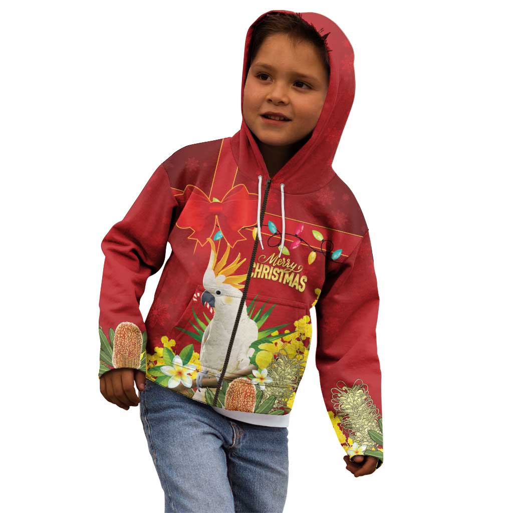 Personalised Australia Sulphur-crested Cockatoo Christmas Kid Hoodie Aussie Native Flowers Merry Xmas - Aussie Hoodie