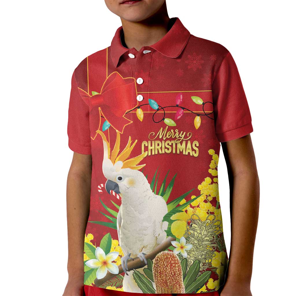 Personalised Australia Sulphur-crested Cockatoo Christmas Kid Polo Shirt Aussie Native Flowers Merry Xmas - Aussie Hoodie