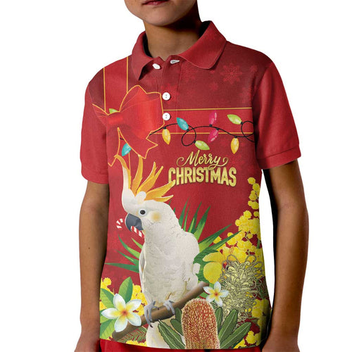 Personalised Australia Sulphur-crested Cockatoo Christmas Kid Polo Shirt Aussie Native Flowers Merry Xmas - Aussie Hoodie