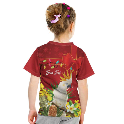 Personalised Australia Sulphur-crested Cockatoo Christmas Kid T Shirt Aussie Native Flowers Merry Xmas - Aussie Hoodie