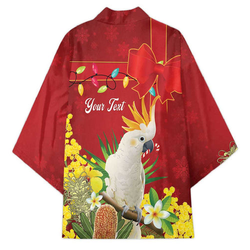 Personalised Australia Sulphur-crested Cockatoo Christmas Kimono Aussie Native Flowers Merry Xmas - Aussie Hoodie
